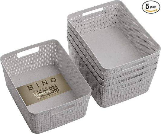BINO | Woven Plastic Basket | Small (Natural Grey), 5-Pack | THE JUTE COLLECTION | Home Organization, Space - Saving Storage, Stylish Design | Jute Basket | Plastic Storage Basket by BINO