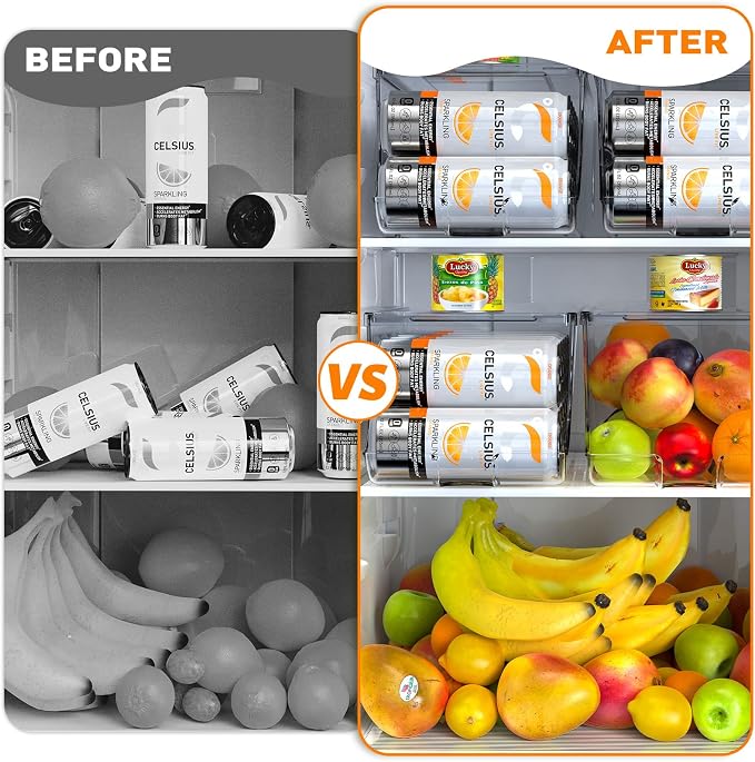 SCAVATA 4 Pack Skinny Can Organizer for Refrigerator, Stackable Tall Skinny Soda Pop Can Holder Dispenser with Lid for Fridge Pantry Rack Freezer, Clear Plastic Storage Bins-Holds 12 Slim Cans Each - Image 6