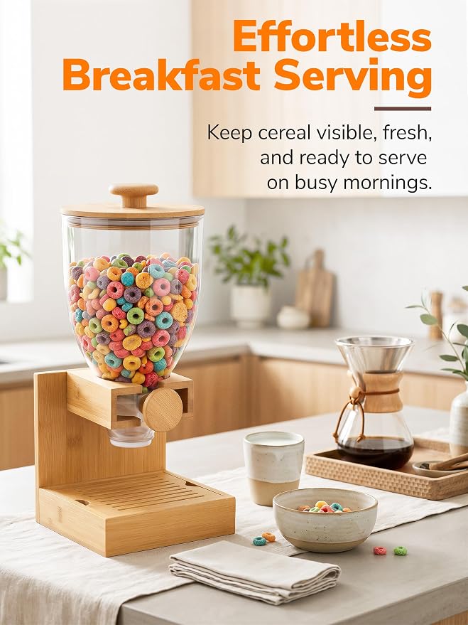 3.5L Large Capacity Cereal Dispenser Countertop, Bamboo Cereal Containers | Airtight, Natural Bamboo Base & Lid, Single Pack Dry Food Dispenser for Cereal, Grains, Nuts, Kitchen & Pantry - Image 2