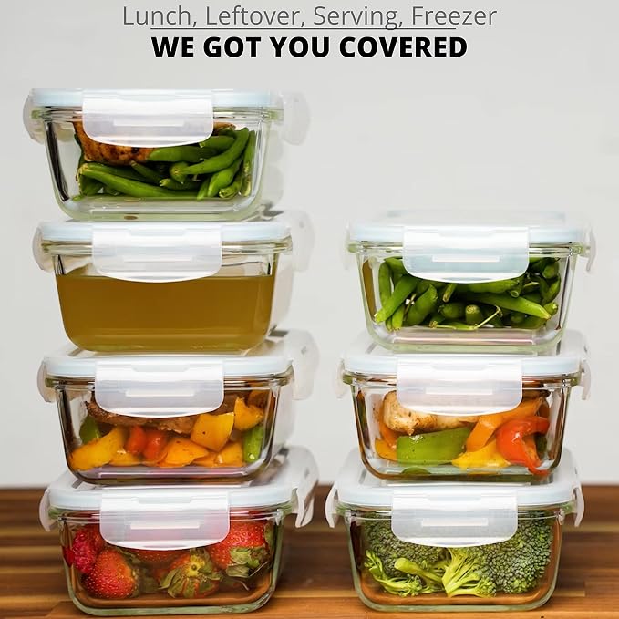 Razab 16 Pc (Set of 8) 30 Oz Glass Meal Prep Containers with Lids, Airtight Large Glass Food Storage Containers, Reusable Leak Proof BPA Free, Freezer to Oven and Dishwasher Safe - Image 8