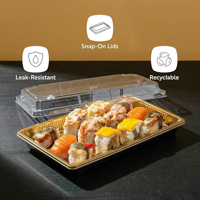 Restaurantware Plastic Sushi Trays 100 Pack of 9.2 x 5.9 x 1.77 Inch With Clear Lids Leak-Resistant Sushi Take Out Boxes Stackable Containers For Grab-And-Go - Image 4
