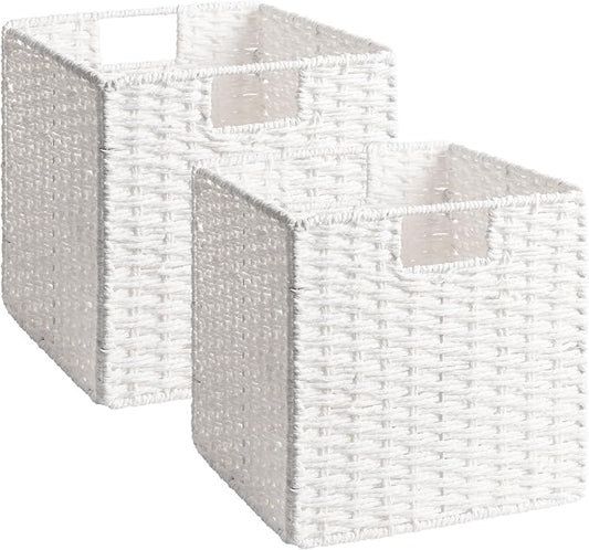 StorageWorks 11 inch Cube Storage Bin, White Storage Cubes, Wicker Baskets | 2-Pack, Handwoven Paper Rope White Wicker Baskets, Wicker Storage Cubes with Handles, Foldable Square Baskets for Organizing by StorageWorks