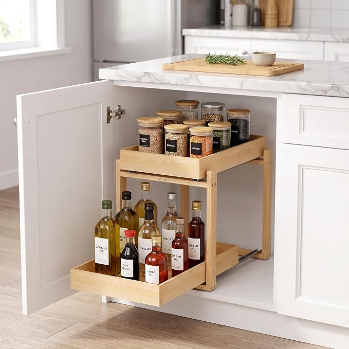 MHXW SXPN Bamboo Under Sink Organizer, 2 Pack Pull Out Cabinet Organizer | 2 Tier Vertical Smooth Slide Out Undersink Storage Shelf | Multi-Purpose Organizer Shelves for Kitchen Bathroom Medicine - Image 3