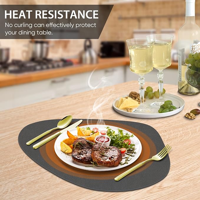Faux Leather Placemats Set of 8, Wipeable & Washable Table Mats | Waterproof, Heat-Resistant & Easy to Clean Round Place Mats for Dining & Kitchen, 17''x13'', Dark Grey - Image 2