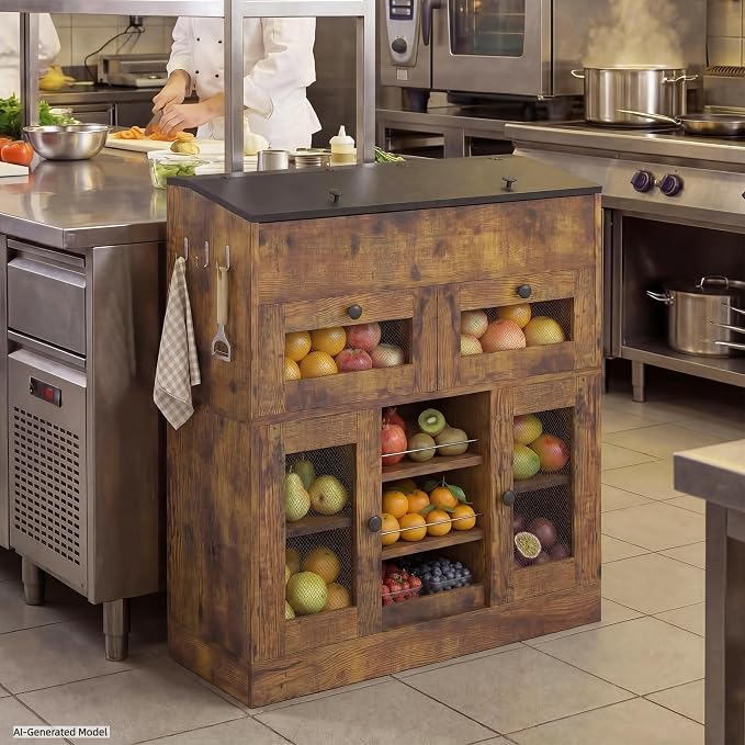 Wooden Potato and Onion Storage Bin with Lid, Potato Bin with 2 Mesh Drawers, 5-Tier Fruit & Vegetable Cabinet with Mesh Doors, Rustic Kitchen Organizer with Adjustable Shelves for Pantry (31.9") - Image 8