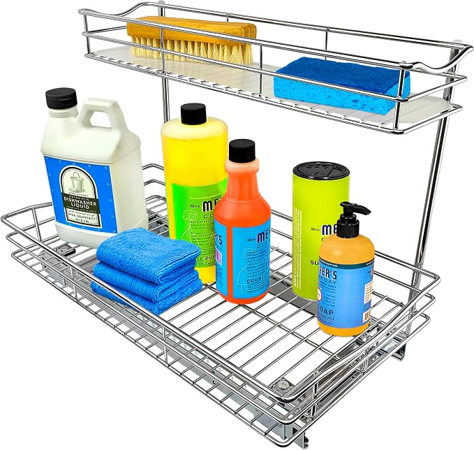 LYNK PROFESSIONAL® Pull Out Under Sink Kitchen Cabinet Organizer - 11.5 in. x 21 inch deep Drawer - Sliding Shelf Organizer for Cabinets and Undersink Storage Shelves - Lifetime Ltd. Warranty – Chrome by LYNKPROFESSIONAL