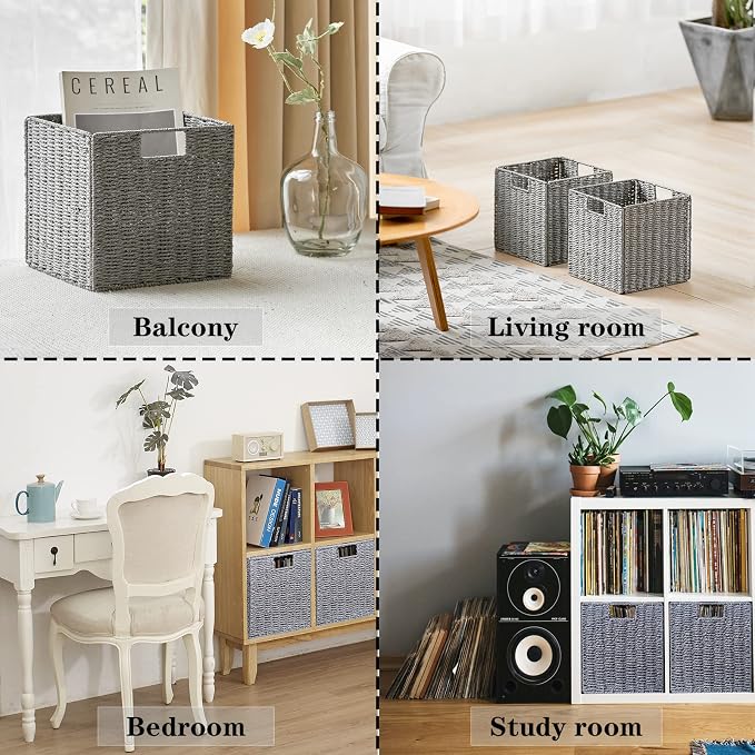 Wicker Basket, Set of 2 Hand-Woven Wicker Storage Basket, Foldable 11 inch Cube Storage Bins, Storage Baskets for Organizing Shelves, Closet Organizers and Storage Bins, Gray (11″×11″×11″) - Image 2