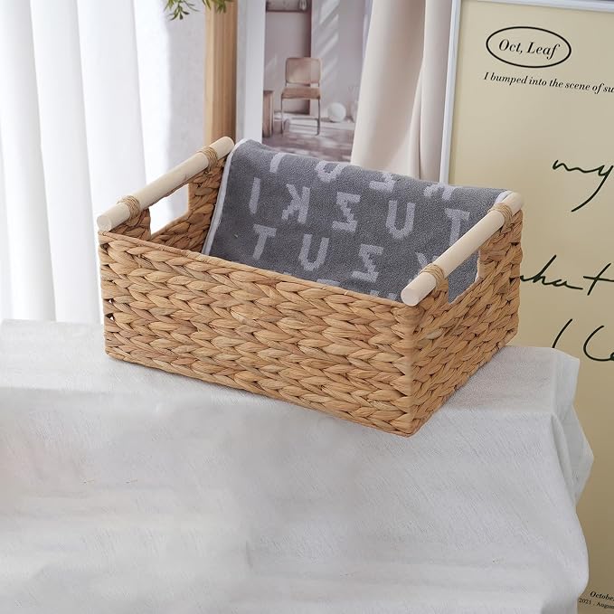 Wicker Storage Basket, Woven Shelf Organizer, 15.5x10.8x6.2 Inch | 15.5x10.8x6.2" natural wicker basket with handles; rectangular shelf organizer for kitchen, bathroom and living spaces. - Image 5