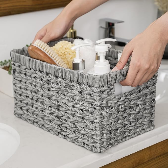 GRANNY SAYS Wicker Storage Baskets for Organizing, Basket Organizer, 2-Pack | Waterproof Wicker Baskets with Handles, Cabinet,Coffee Table,Gray Plastic Baskets for Shelves,Handwoven Bathroom Storage Bins - Image 5