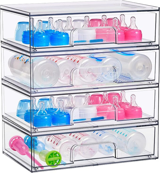 Sorbus Wide Stackable Acrylic Storage Drawers, 4 Pack Clear Plastic Organizer Bins for Baby Bottles, Makeup, Bathroom, Vanity &Countertop Organization, Pull-Out Drawer Design for Cabinets & Pantry by Sorbus