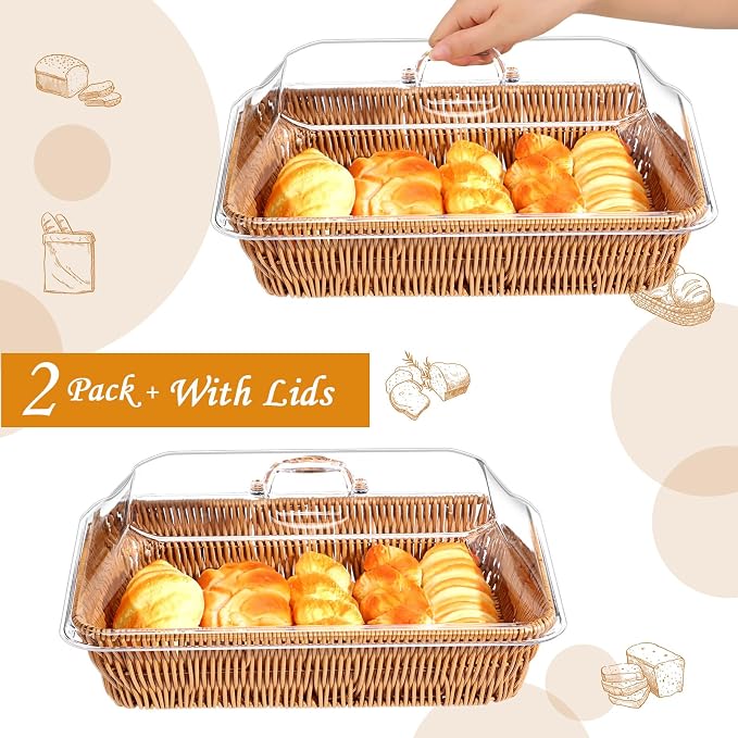 2 Set Wicker Bread Basket for Serving with Acrylic Lid Cover Imitation Rattan Bread Basket Woven for Fruit Summer Picnic BBQ Pool Party Outdoor Housewarming Gift(13.78" X 9.84") - Image 3