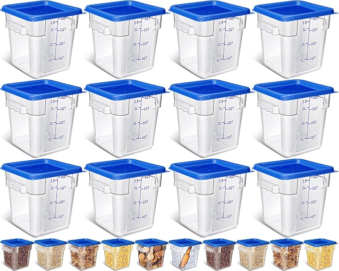 Yungyan 12 Pcs 4 Qt Commercial Food Storage Containers with Lids Restaurant Square Airtight Food Storage Containers Clear Cereal Containers for Kitchen Freezer Dishwasher Pantry(Blue Lid) by Yungyan