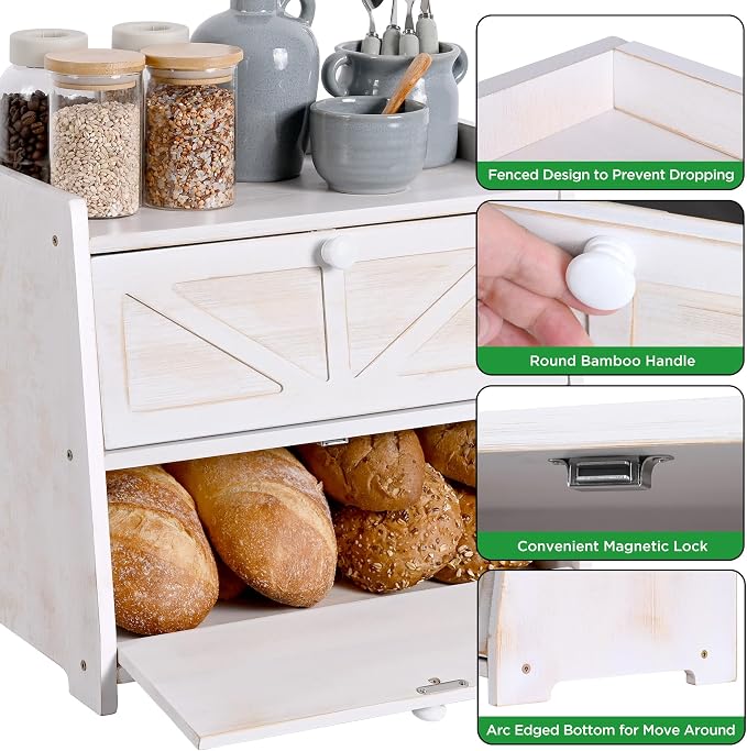 Bamboo Corner Bread Box for Kitchen Countertop 2-Tier White | Farmhouse Bread Storage Container, Large Pantry Organizers for Homemade Snacks, Loaves, Breathable Keeps Bread Fresh - Image 4