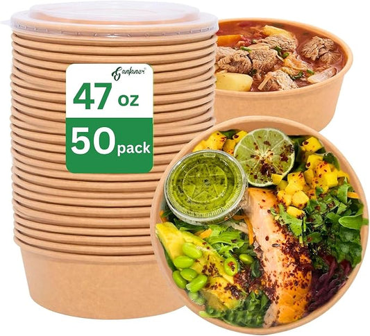 Disposable Round Paper Bowls with Lid 47oz Compostable, 50 Sets Microwave Deli Containers Leakproof, Extra Large Meal Prep Food Container Box, Sturdy Salad Dressing Bowl for Soup Toppings Picnic by GanfanerEcoPackHomeKitchen