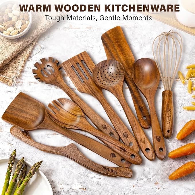 9 Pcs Teak Wooden Utensils Set, Wooden Cooking Utensil with Tong | Non-Toxic & Nonstick Safe Kitchen Utensil, Durable Comfort Grip， Heat Resistant Wood Cookware with Hooks - Image 5