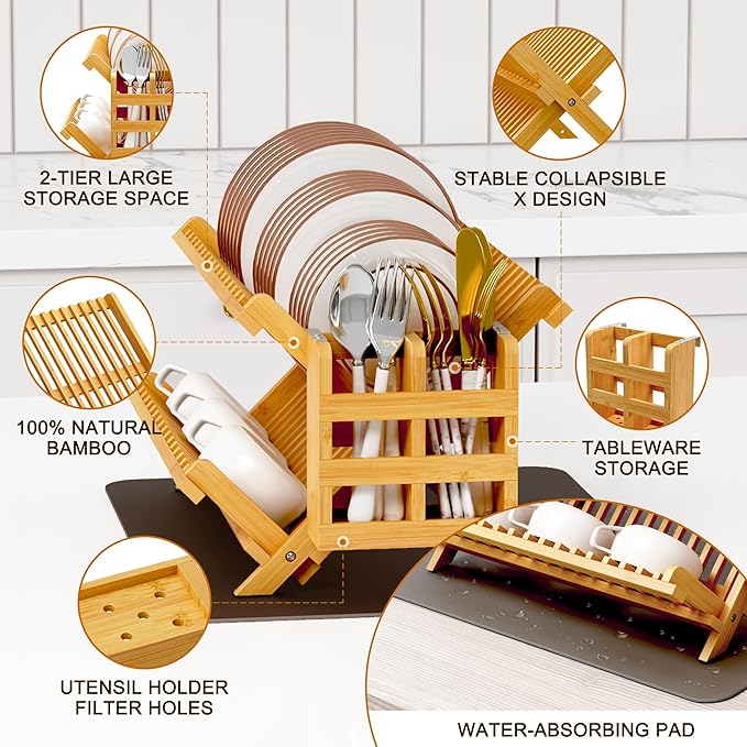 Greenual Bamboo Dish Drying Rack with Utensil Holder, 2 Tier Collapsible Dish Rack, Wooden Dish Racks for Kitchen Counter, Folding Drying Holder with Absorbent Dish Drying Mat - Image 5