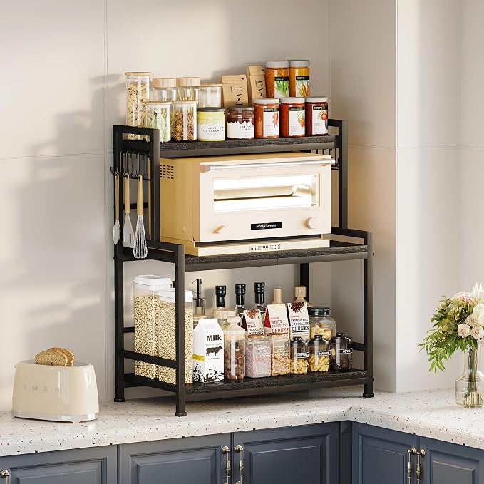 23.6"W Large Kitchen Countertop Organizer, 3 Tier Spice Rack Organizer with Adjustable Shelf and 10 Hooks, Wooden Counter Organizer, Countertop Shelf Microwave Stand for Kitchen, Coffee Bar, Black - Image 3