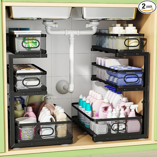 2-Pack 3-Tier Under Sink Organizer, Slide Out Cabinet Storage, Kitchen/Bath | 2-Pack Value Set, Height Adjustable, Carbon Steel Holds 60 lbs Each, Fits Kitchen & Bathroom Vanity Simultaneously by Unknown