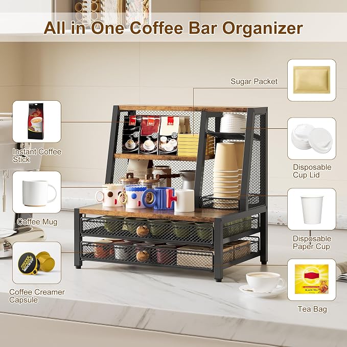 TQVAI Coffee Bar Organizer, Maximize Small Countertop Space, 70 Standard Capsules Capacity with Sliding Pods Drawer, 4-Tier Coffee Station Organizer for Home Kitchen Office Commercial - Image 2