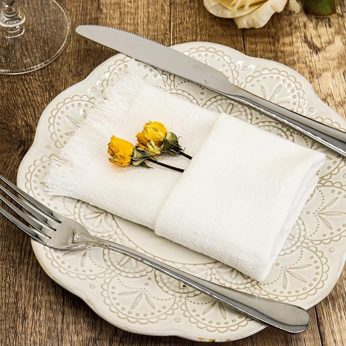 Handmade Cloth Napkins with Fringe,18 x 18 Inches Cotton Linen Napkins Set of 6 Versatile Handmade Square Rustic Fringe Napkins for Dinner, Wedding and Parties, White - Image 4
