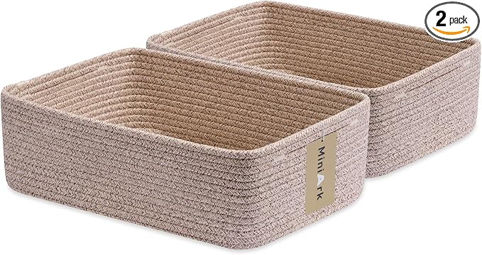 MiniArk Large Shallow Organizing Baskets 15x11x5.1 Inches - Rope Woven Storage Bins for Bathroom, Shelves, Cube Closet, Mixed Brown 2 Packs by MiniArkStorageBasketsHome