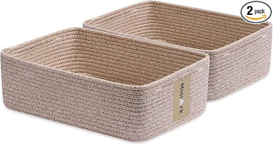 MiniArk Large Shallow Organizing Baskets 15x11x5.1 Inches - Rope Woven Storage Bins for Bathroom, Shelves, Cube Closet, Mixed Brown 2 Packs by MiniArkStorageBasketsHome