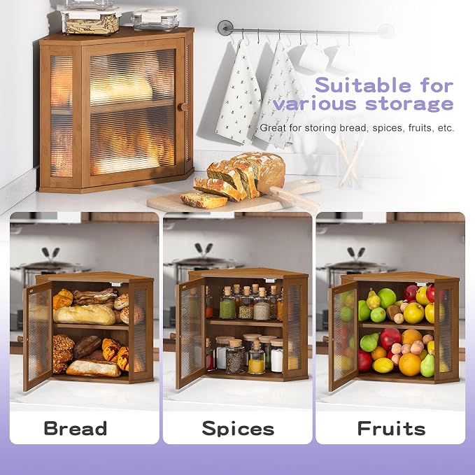 Corner Bread box for Kitchen Countertop,Farmhouse Bread Box with Acrylic Wavy Door Panel,Large Bread box for kitchen countertop,Kitchen Countertop Food Storage Container (Brown, Meduim) - Image 7