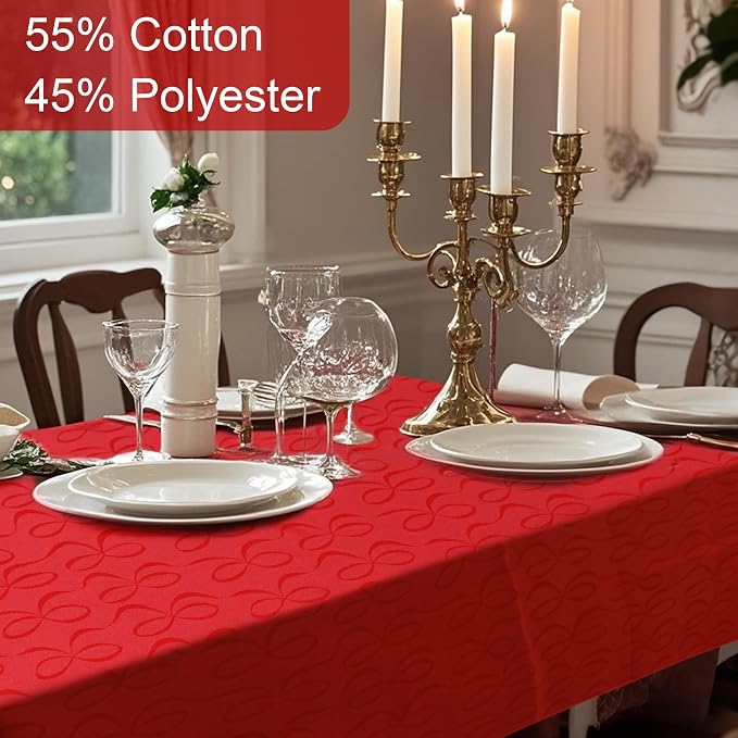 Table Cloths Rectangle 60 x 102 Washable, Reusable Tablecloths for 8ft Tables (Seats 8-10) - Cotton Polyester, Wrinkle Free, Red Holiday Table Cover for Party & Dining, Bow Ties Jacquard (1PC) - Image 4