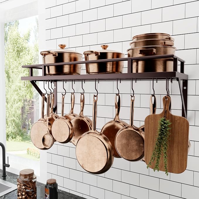 KES 30-Inch Wall Pot Rack, Oil Bronze, 88lb Capacity, 12 Hooks, Farmhouse | Carbon Steel Construction, Reinforced Grid Shelf, Stud Mounting, 12 S-Hooks, Rust-Resistant, Indoor Kitchen Organizer by KES