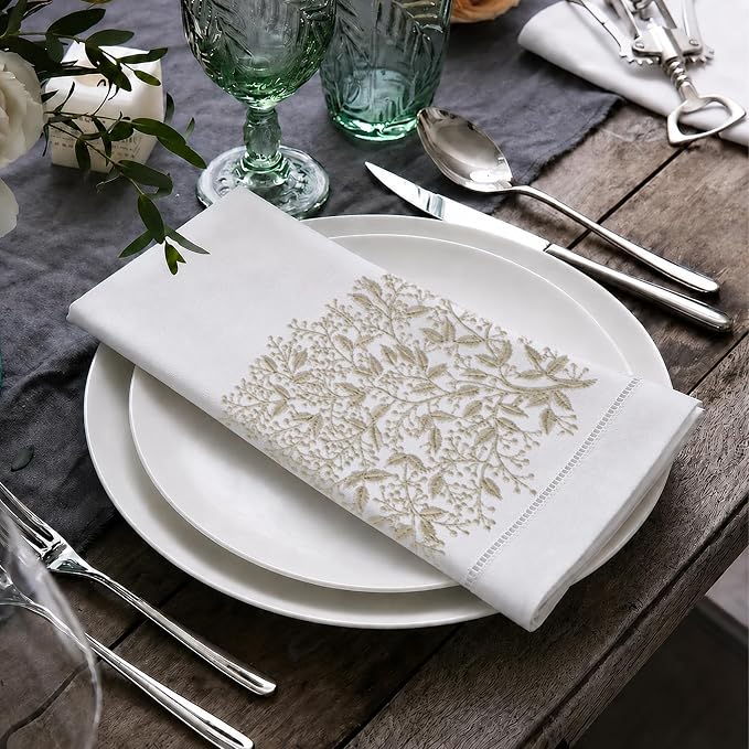 Cloth Napkins Set of 4, 20x20 inch, 100% Linen Hand Embroidered French Knot, Reusable & Machine Washable, Elegant Table Napkins for Dinner, Weddings, Parties (White Taupe) - Image 4