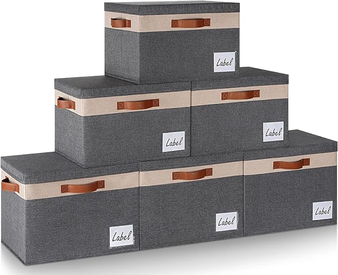 GhvyenntteS Large Storage Bins with Lids 6 Pack, Large Closet Storage Bin with Lid and 3 PU Handles, Foldable Fabric Storage Boxes with Label Window for Home Office (Beige, 15" x 11" x 9.7") by GhvyenntteS