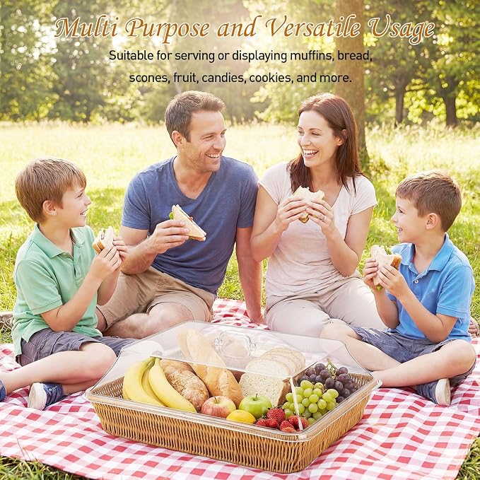 2 Set Wicker Bread Basket for Serving with Acrylic Lid Cover Imitation Rattan Bread Basket Woven for Fruit Summer Picnic BBQ Pool Party Outdoor Housewarming Gift(17.72" X 13.78") - Image 7