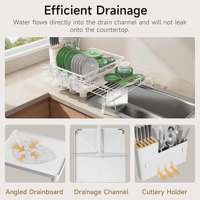 Runnatal Large Dish Drying Rack, Extendable Dish Rack Over Sink | Stainless Steel Dish Strainer with Drainboard, Utensil Holder & Cup Holder for Kitchen Counter, White - Image 5