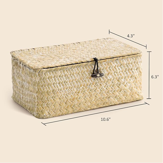 Nonam Small Basket with Lid, Natural Seagrass Bin with Lid, Shelf Baskets Multipurpose Container for Boho Decoration, Rectangular Household Storage Boxes for Home Organization-White - Image 3