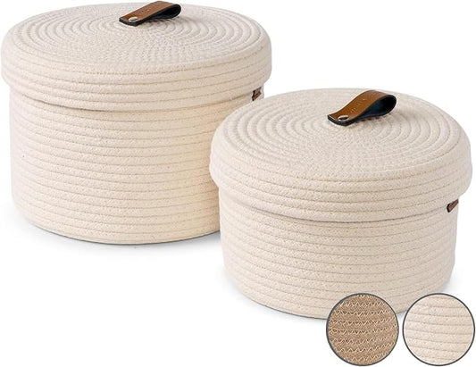 DENJA & CO Set of 2 Decorative Storage Baskets with Lids - Round Woven Baskets for Home Decor and Organizing - Small Shelf Baskets with Leather Tabs and Handles - Decorative Storage and Organizer Bins by DENJACO