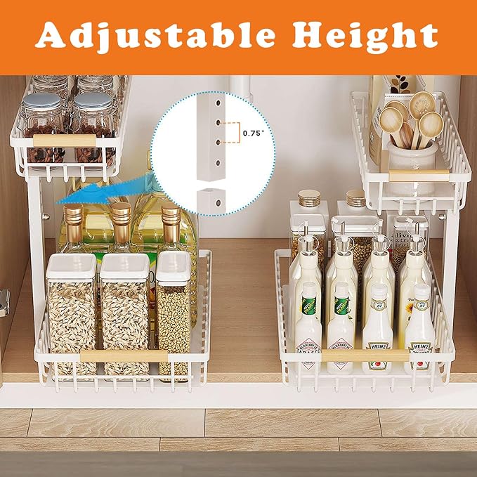 2 Pack Under Sink Organizer Cabinet for Kitchen Bathroom, 2 Tier Metal Slide Out Under Sink Drawers, Adjustable Height, Under Sink Pull Out Organizers and Storage, White,13.7" H-17 H - Image 2