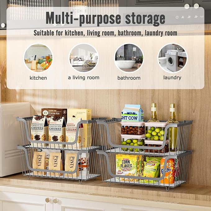 4 Pcs Stackable Wire Baskets for Pantry Organizers and Storage, | Vegetable Fruit Basket for Countertop,Kitchen Storage Metal Baskets,Produce Potato Onion Storage Bin,Gray - Image 4