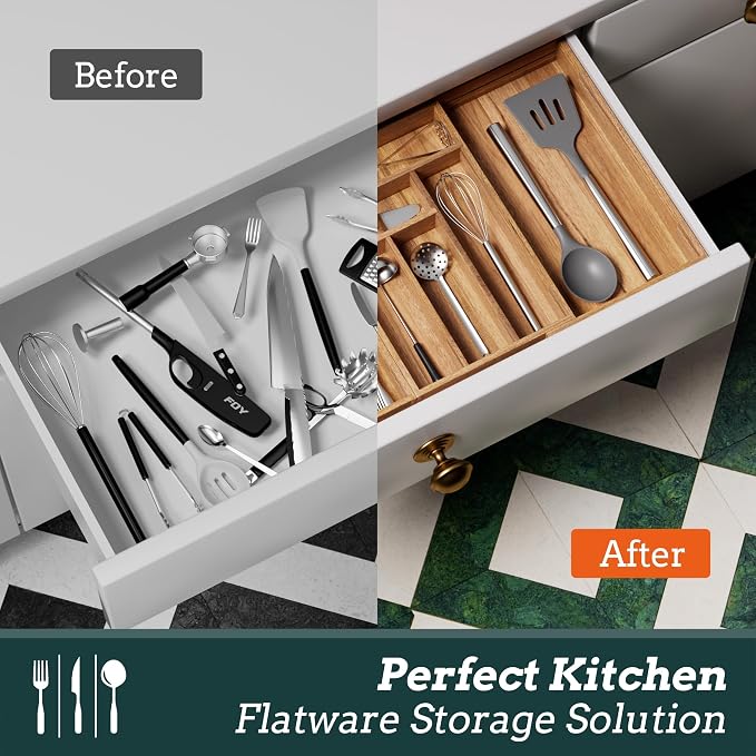 Silverware Organizer Large, Magnetic Connected Expandable 13 Slots Silverware Drawer Organizer From 21 to 37.4 Inches, Adjustable Flatware and Cutlery Holder, Bamboo Utensil Tray for Kitchen Acacia - Image 7