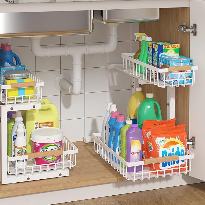 ADRIMER Under Sink Organizer 2 Packs, Pull Out Kitchen Sink Organizer, 2 Tier Slide Out Kitchen Organizers and Storage Bathroom Under Cabinet Storage Shelf, White by Adrimersdreamistobeanindispensablecompanioninyourlife