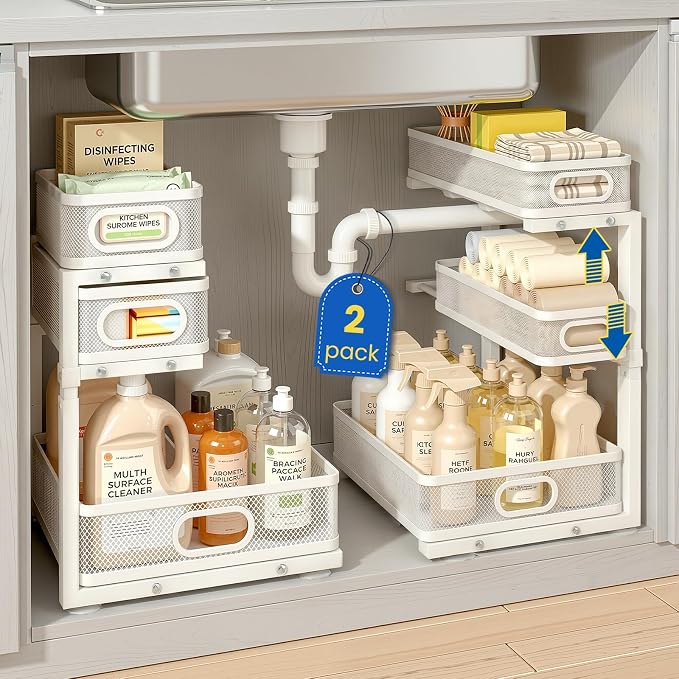 Under Sink Organizer, 3-Tier Pull Out Cabinet Organizer with Drawer Stops, Height Adjustable Slide Out Storage Rack for Kitchen Bathroom Pantry Laundry Room Organization, 2 Pack by LeaforyHome
