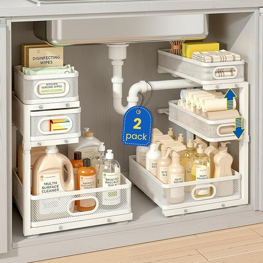 Under Sink Organizer, 3-Tier Pull Out Cabinet Organizer with Drawer Stops, Height Adjustable Slide Out Storage Rack for Kitchen Bathroom Pantry Laundry Room Organization, 2 Pack by LeaforyHome