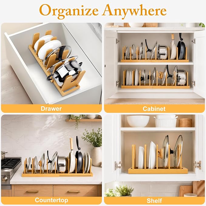 MinBoo Bamboo Expandable Pot Lid Organizer, Pot and Pan Organizer Drawer Organizer for Pot Lids, Adjustable 10 U-Shaped Dividers for Kitchen Cabinet Organizers and Storage (Bamboo-1) - Image 6