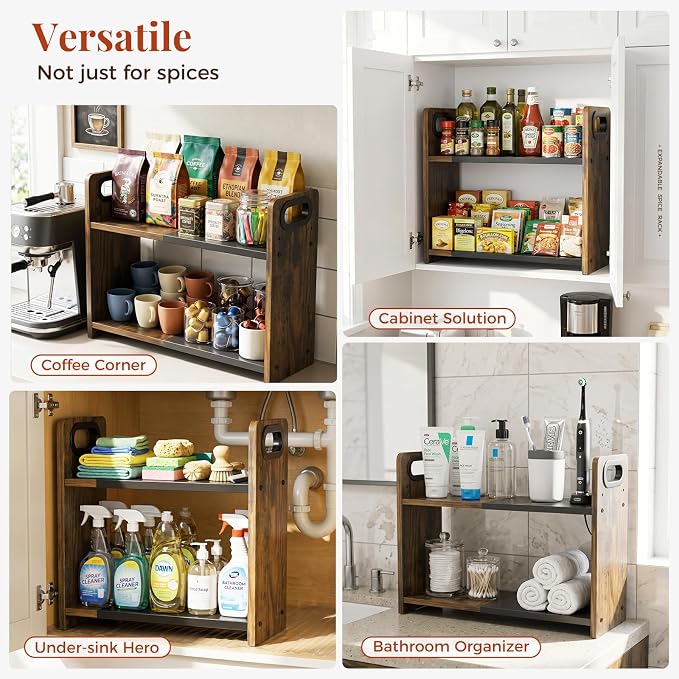 2-Tier Expandable Spice Rack Organizer for Countertop, 10.6"-17.3" | Metal & Wood ,Adjustable Height Spice Racks Shelf for Counter Cabinet Coffee Station, Space-saving Kitchen Storage Shelves - Image 7
