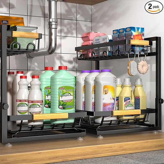 2-Pack 2-Tier Height Adjustable Under Sink Organizer & Storage | Multi-purpose storage for kitchen & bathroom cabinet. Large black shelf, height adjustable design for space-saving. by Sevenblue