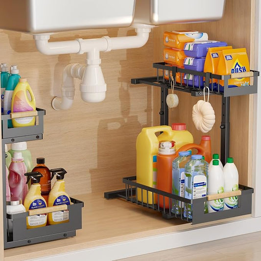 Under Sink Organizer, 2-Tier Slide Out Under Cabinet Storage for Kitchen/Bathroom, Adjustable Double Layer Under Sink Drawers, Space Saving Inder Sink Organizer for Cleaning Supplies(Black,2 Packs) by Unknown