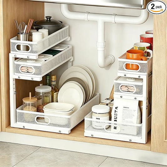 2 Pack Under Sink Organizer, 3-Tier Pull Out Kitchen Cabinet Organizer with 5 Adjustable Heights Metal Slide Out Bathroom Storage Makeup Drawer Rack for Bedroom Office Pantry Home Organization, White by EGBULL