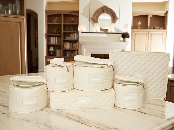 Covermates Keepsakes Dish Storage Set – Padded China & Dinnerware Storage Cases with Dividers, Cup & Stemware Storage, Quilted Polyester Protection, ID Window, Cream - Image 7