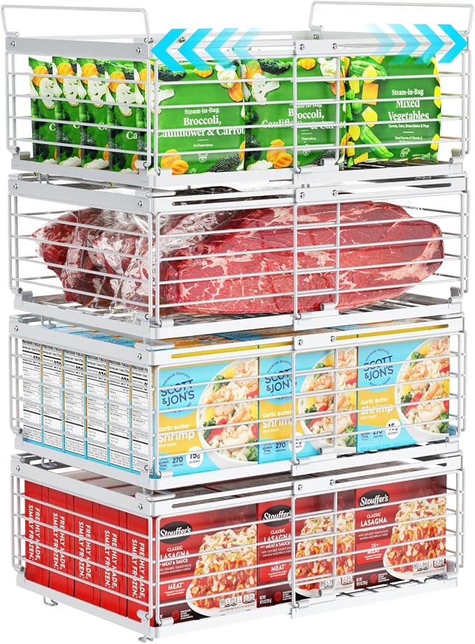 Freezer Organizer Bins - Wire Baskets for Frozen Food, 4 Pack White | For 10 to 20 Cu. Ft Chest Freezers, Stackable Deep Freezer Organizer Bins with Handles, Easy Food Access and Restocking by iSPECLE
