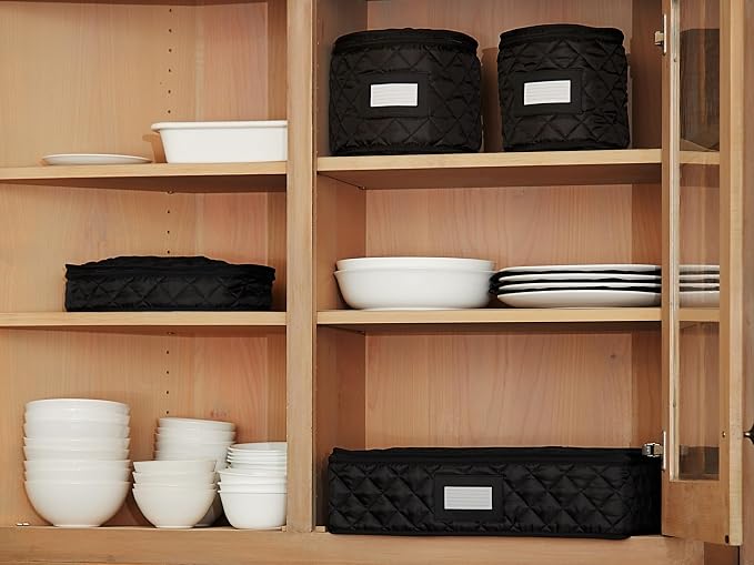 Covermates Keepsakes Dish Storage Set – Padded China & Dinnerware Storage Cases with Dividers, Cup & Stemware Storage, Quilted Polyester Protection, ID Window, Black - Image 8