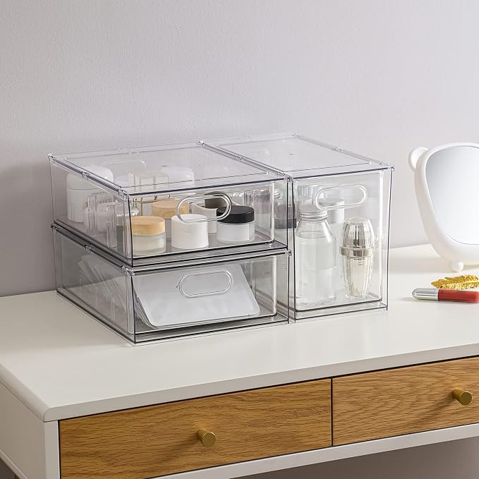 Mano 3PackFridge Drawer Pull Out Stackable Bins with Handle Clear Refrigerator Drawers Organizer Food Storage Container Box with Dividers Plastic Produce Saver for Pantry, Cabinet, Kitchen（2L+1XL） - Image 2